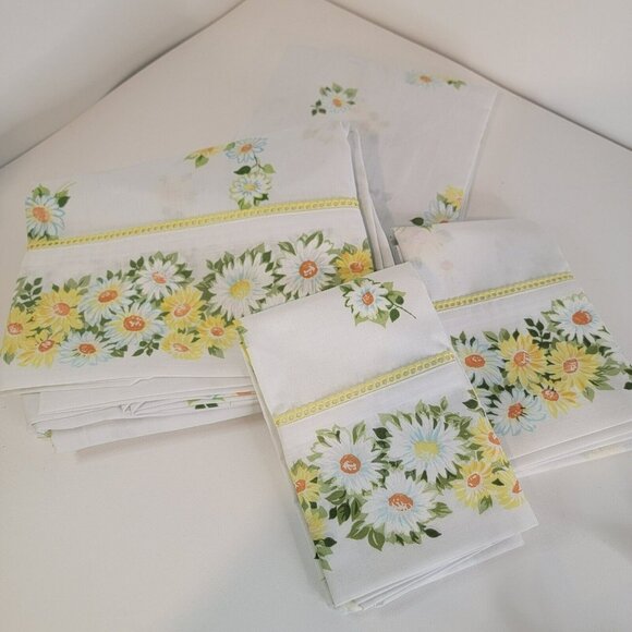 Vtg 70s Morgan Jones Maytime Daisy Flowers Full/Double Flat Sheet + 2 Pillowcase - Picture 1 of 6
